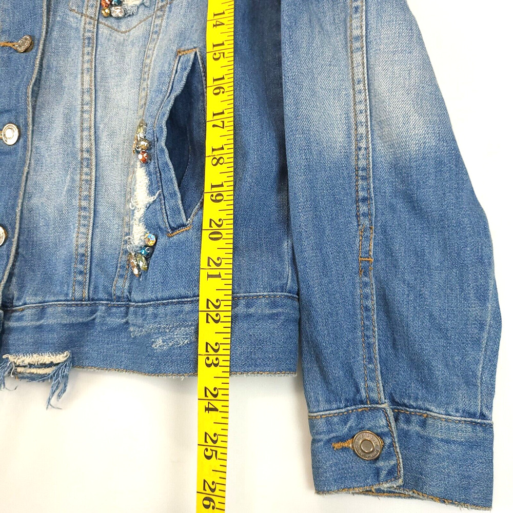 Kensie Embellished Distressed Jean Jacket Women S Denim Blue Long Sleeve - Picture 7 of 13